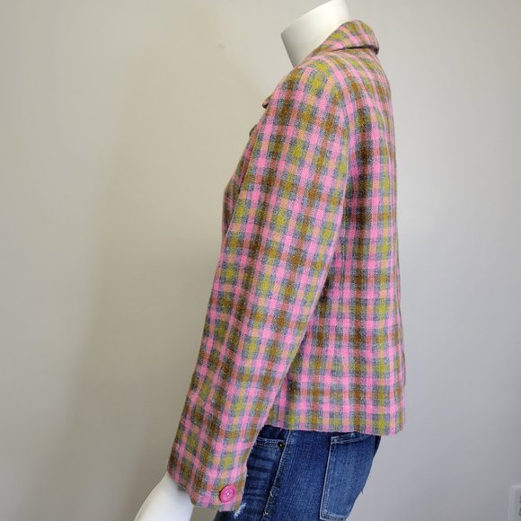 Vtg 60s Handmade Mad Men Pink Plaid Wool Blend Cropped Blazer Jacket Womens M - Picture 6 of 14